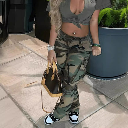 Damen Cargohose in Übergröße, Camouflage, hohe Taille, schmale Passform, Camouflage-Jogginghose, Jogginghose mit Taschen
