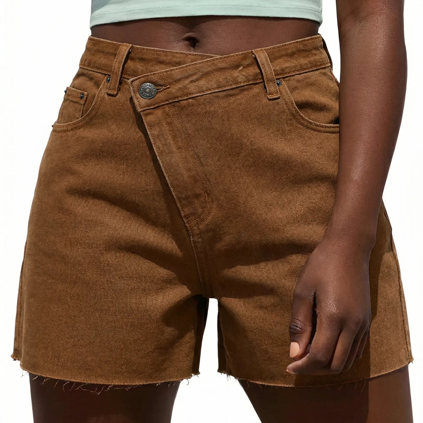 Genleck Women Crossover High Waisted Jeans Shorts Stretchy Casual Denim Shorts Boyfriend Summer Womenswear Streetwear Bottom Fit Ripped Style Chic - Seldom Seen Styles