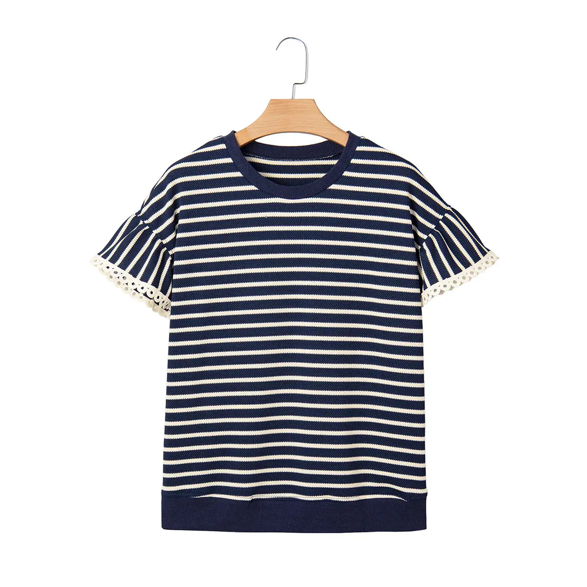 Shewin 2026 SummerVibes Women's Casual Striped Ruffle Sleeve Top - Round Neck Loose Fit Cotton Ribbed Knit T-Shirt with Lace Trimmed Flounce Sleeves for Daily Wear - Seldom Seen Styles