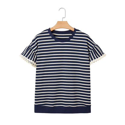 Shewin 2026 SummerVibes Women's Casual Striped Ruffle Sleeve Top - Round Neck Loose Fit Cotton Ribbed Knit T-Shirt with Lace Trimmed Flounce Sleeves for Daily Wear