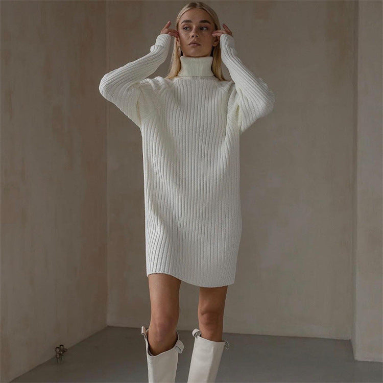 Long Sleeve High Collar Sweater Dress Women Casual Loose Thick Sunken Stripe Solid Color Sheath 2023 Autumn and Winter Knitting Dress