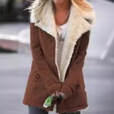 Womens Winter Warm Jackets Long Sleeve Stand Collar Wool Liner Sherpa Fleece Coats Thicker Outerwear with Pockets