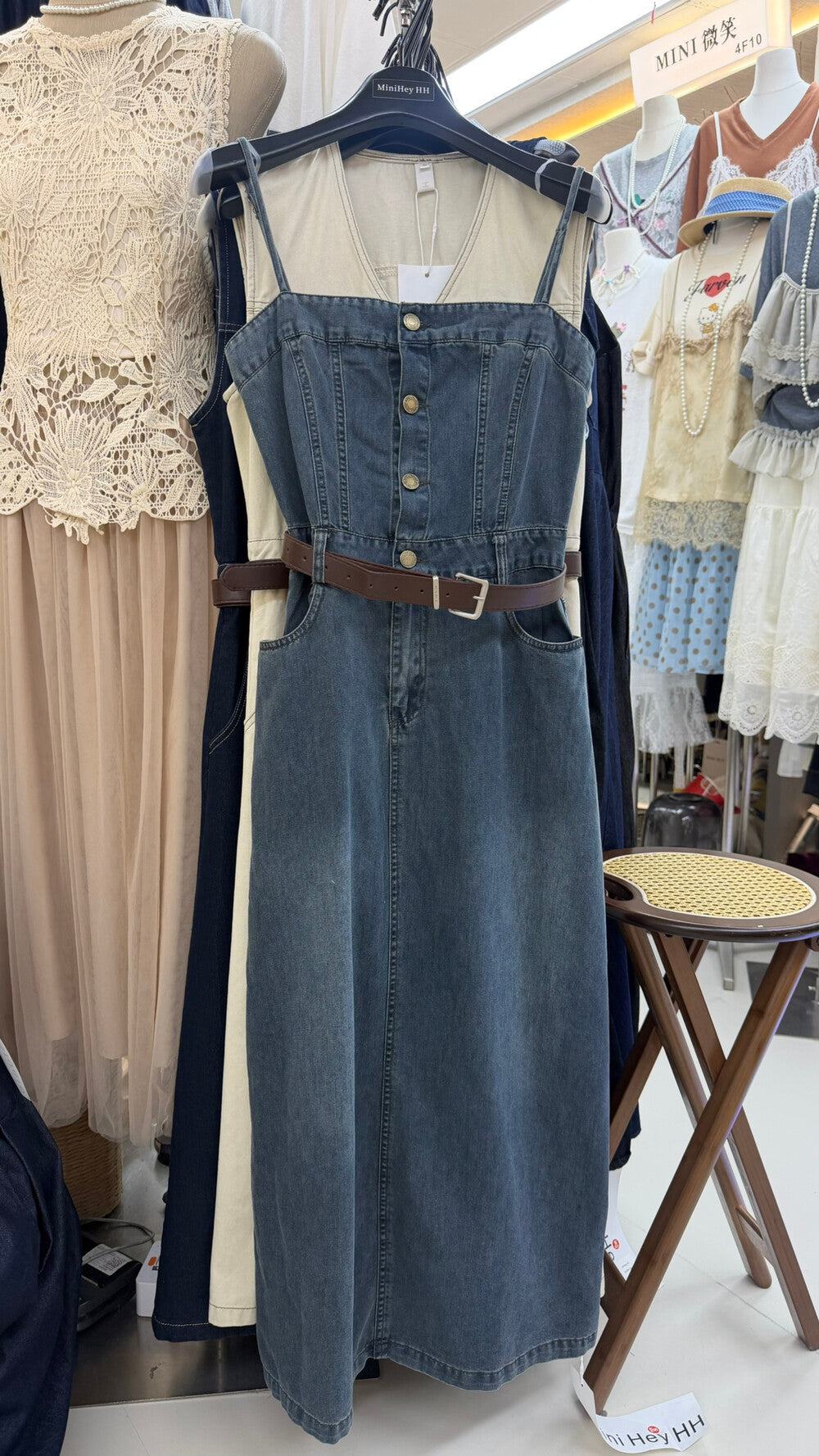 Women's Dark Blue Washed Denim Spaghetti Strap Square Neck Belted Midi Dress Gold Button Front Slit Side Pockets with Free Belt S M L MiniHey HH - Seldom Seen Styles