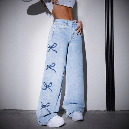 Women's High Waist Wide Leg Jeans - Bow Embroidery Detail - Button Fly
