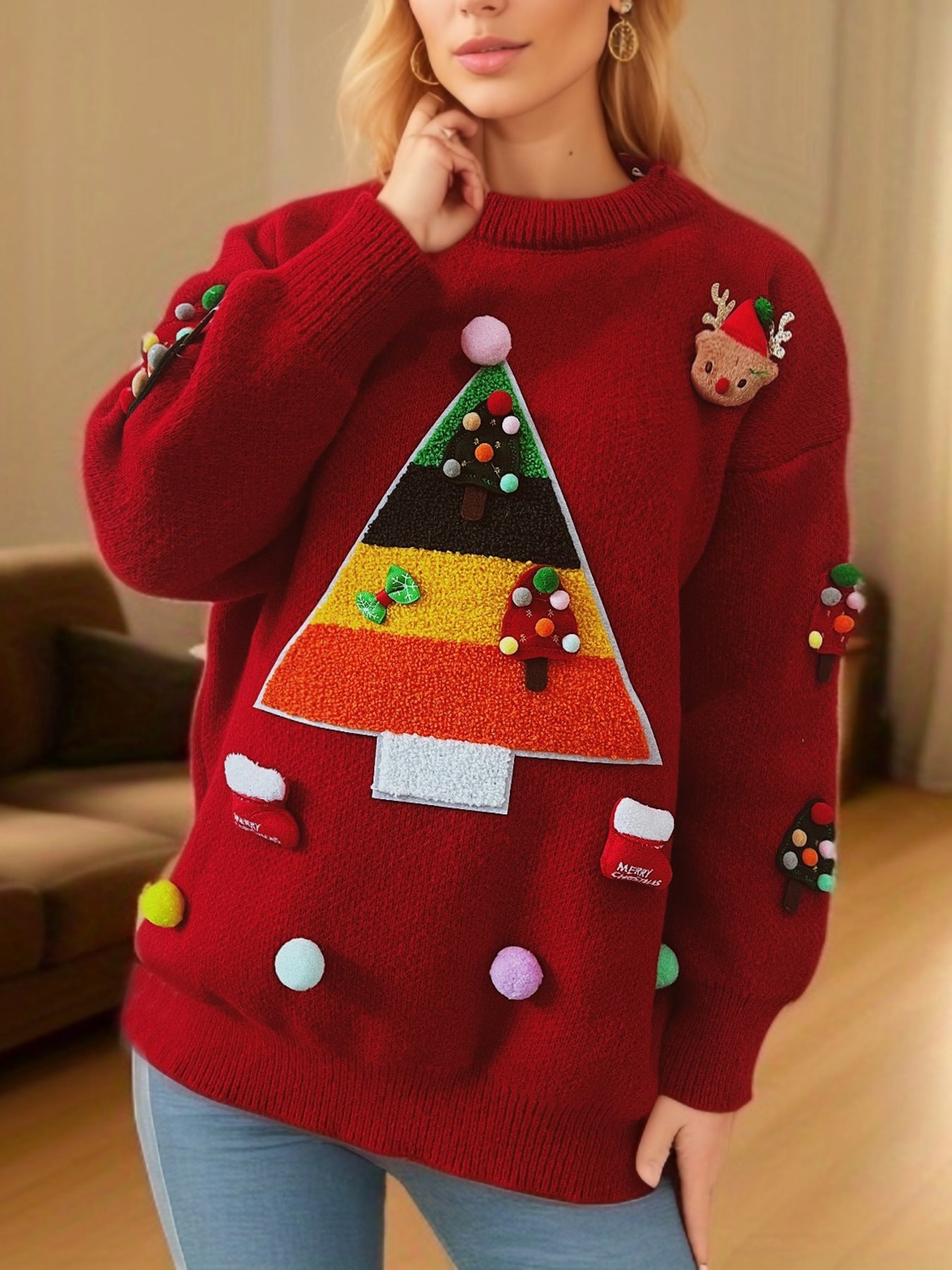 2024New Christmas Wear Match Sweater Cute Christmas Tree Decorative Top