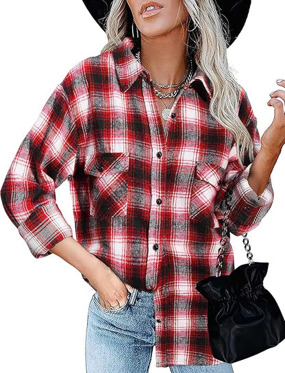 BTFBM Women Shacket Jacket Long Sleeve Button Down Casual Plaid Flannel Shirts Loose Fall Spring Blouses Tops