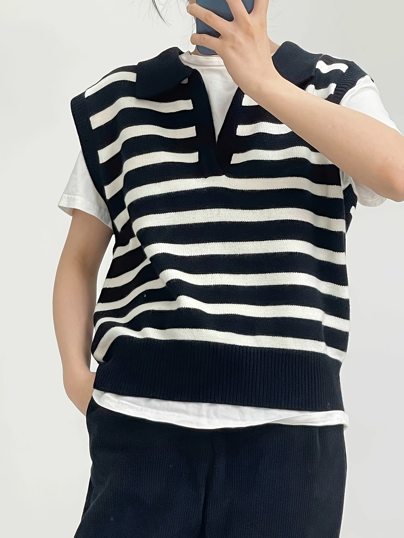 Women's Casual Striped Knit Vest with Lapel Collar - 100% Polyester Sleeveless Sweater for All Seasons