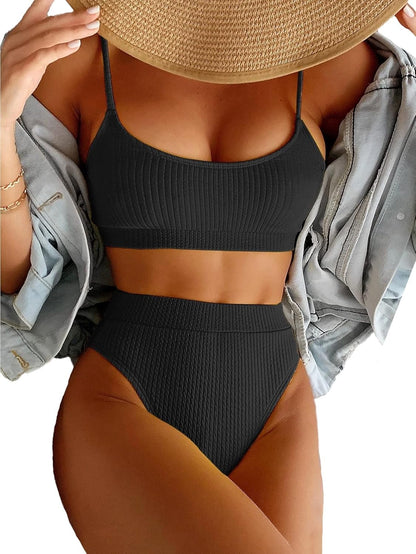 High Waisted Tummy Control Ribbed Bikini Crop Top Brazilian Swimsuit Set 2 Piece - Seldom Seen Styles