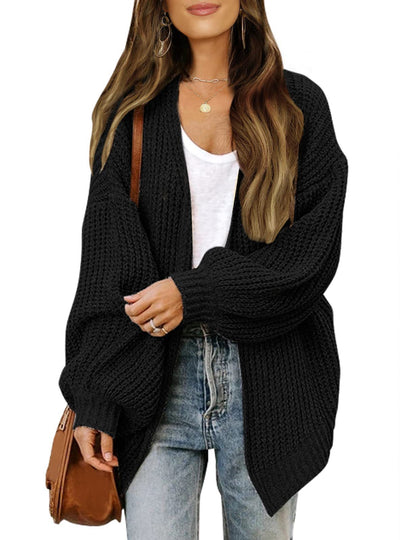 Amazon Foreign Trade Women's Clothing2023Autumn and Winter New Lantern Sleeve Sweater Women's Coat Coarse Yarn Pocket Knitted Cardigan