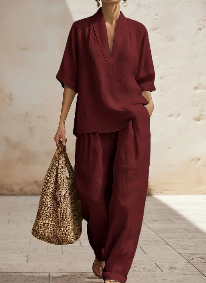 Women's Linen Two Piece Set V Neck Top and Wide Leg Pants Casual Loose Fit Summer Outfit - Seldom Seen Styles