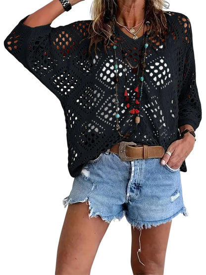 Fisoew Women's Bohemian-Inspired Beige Crochet Top with V-Neck #Springtok #TikTokShopJumpstartSale Casual Chic