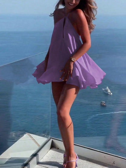 Women's Summer Halter Backless Mini Dress, Sexy A-Line Sleeveless Hollow Out Dress, Beach Vacation Casual Wear, Halloween