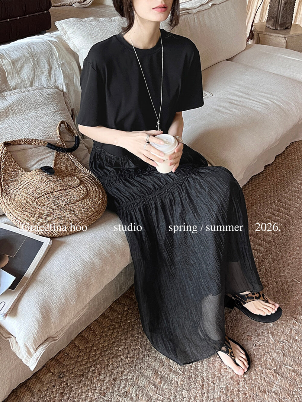 Cotton T-Shirt Spliced Mesh Tiered Ruffle Maxi Dress Patchwork A-Line Elegant Casual Summer Dress White Black - Seldom Seen Styles