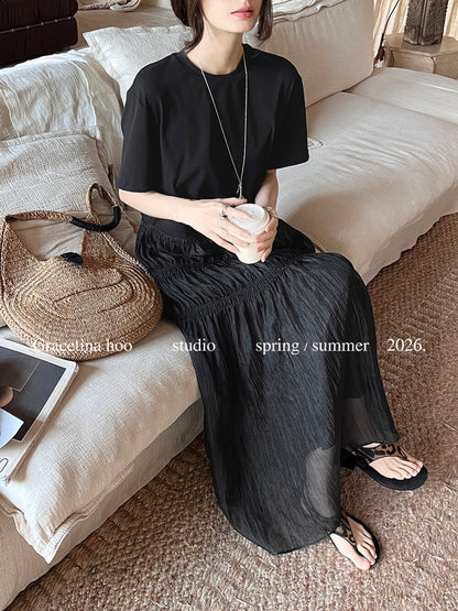 Cotton T-Shirt Spliced Mesh Tiered Ruffle Maxi Dress Patchwork A-Line Elegant Casual Summer Dress White Black