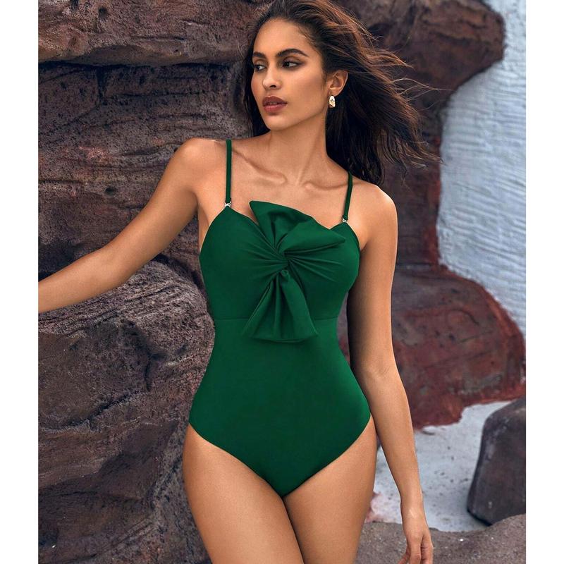 Women's  Bowknot Tummy Control One Piece Spaghetti Straps Swimsuit and Sarong Cover Up - Seldom Seen Styles