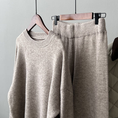 【Plus Size】 Two-Piece Set Solid Mock Neck Drop Shoulder Split Hem Sweater & Straight Leg Pants