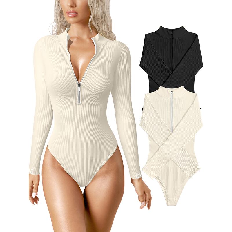 Women's 2 Piece Bodysuits Sexy Ribbed One Piece Zip Front Long Sleeve Tops Bodysuits - Seldom Seen Styles