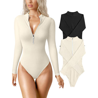 Women's 2 Piece Bodysuits Sexy Ribbed One Piece Zip Front Long Sleeve Tops Bodysuits