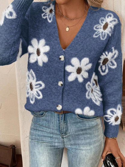 Plus Size Floral Print Button Front Cardigan, Casual Drop Shoulder  V Neck Knitwear for Fall & Winter, Women's Plus Clothing for Daily Wear