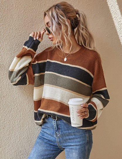 Women's Colorblock Striped Print Drop Shoulder Sweater, Soft Casual Long Sleeve Round Neck Jumper for Fall & Winter, Fashion Ladies' Knitwear for Daily Wear