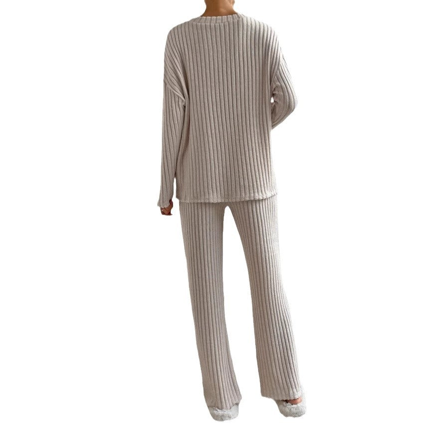 V Collar  Stripe Knitted Suit Two-Piece Set for Women2024Autumn New Fashion Casual Straight-Leg Pants Loose Temperament