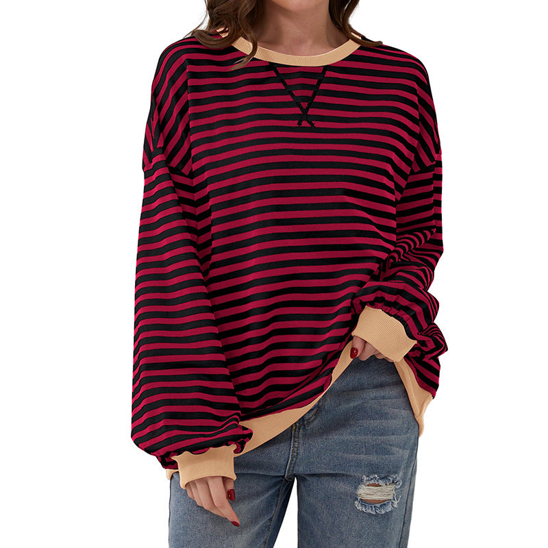 Womens Striped Oversized Sweatshirt Color Block Crew Neck Long Sleeve Casual Loose Pullover Top Y2K Clothes