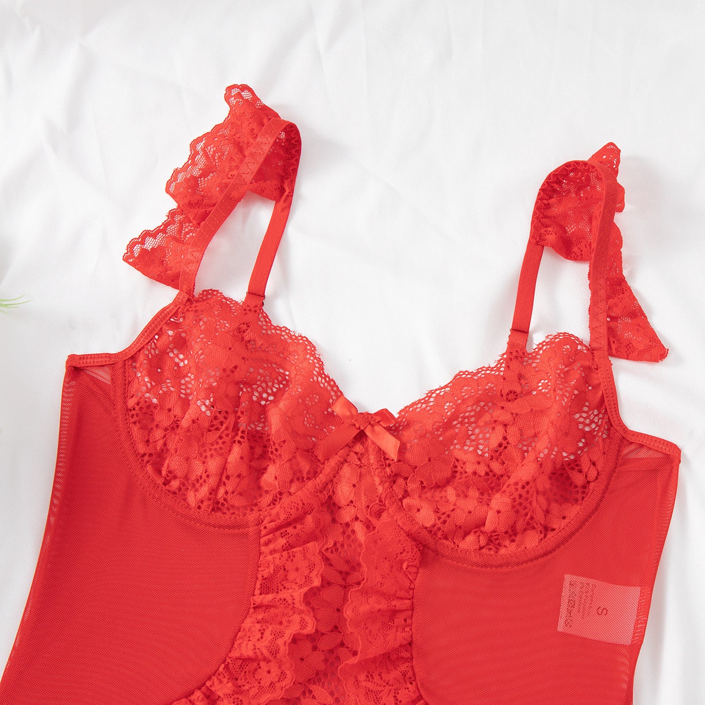 Women Sexy Lingerie Bodysuit Floral Lace Teddy Babydoll Snap Crotch Ruffle One Piece with Thigh Bands