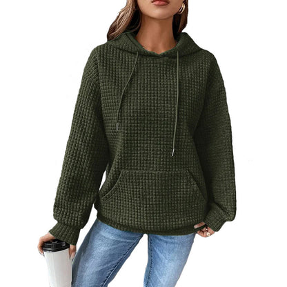 Womens Hoodies Casual Long Sleeve Drawstring Waffle Pullover Tops Loose Hooded Sweatshirt with Pocket