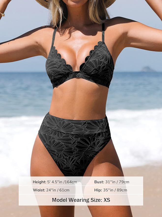 scalloped black bathing suit