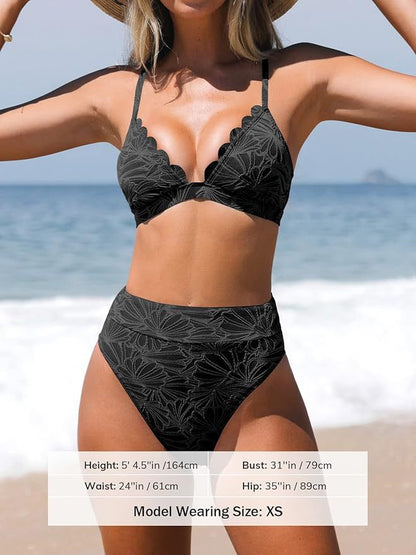 scalloped black bathing suit