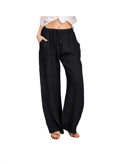Women's Casual Wide Leg Elastic Waist Loose Lightweight Summer Linen Beach Pants Drawstring