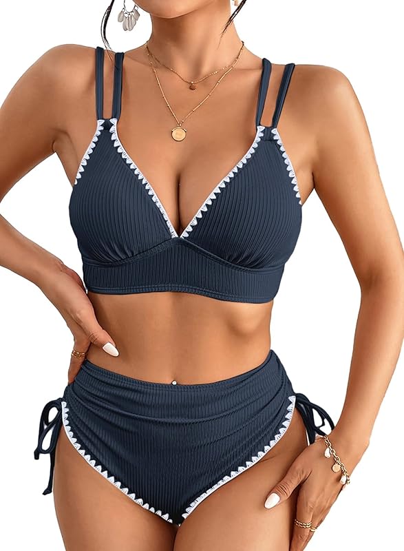 Women's Bikini Sets Two Piece Swimsuit V Neck High Waisted Ruched Tummy Control 2025 Summer Bathing Suit - Seldom Seen Styles