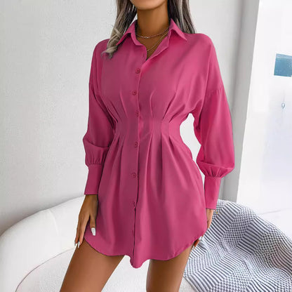 Women's Button Down Shirt Dress, Long Sleeve, Pleated Waist, Multiple Color Options Available