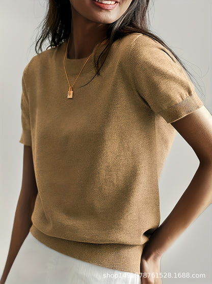 Women's Solid Color Crew Neck Short Sleeve Sweater, Chic Casual Basic Knit Pullover for Spring & Fall, Fashion Women's Knitwear for Daily Wear, Womenswear