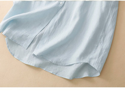 Light Blue Linen Short Sleeve Button Down Shirt Dress Collared Loose Fit Casual Midi Dress