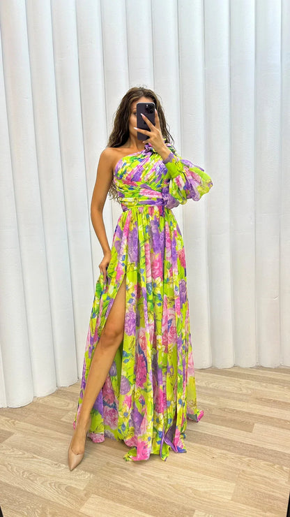 Aida | Women’s Flowy Floral One Shoulder High Slit Maxi Dress