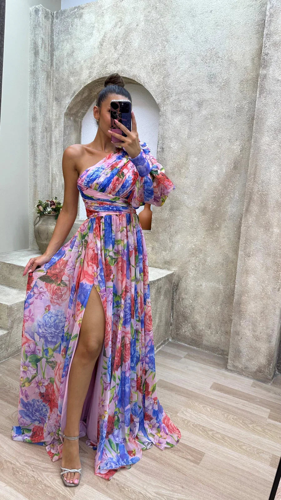 Aida | Women’s Flowy Floral One Shoulder High Slit Maxi Dress - Seldom Seen Styles