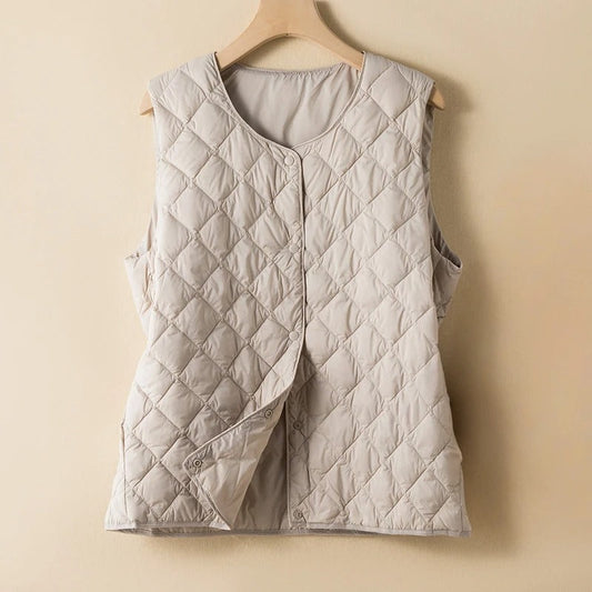 Solid Plaid Line Cotton Fleece Down Jacket Coat Korean Fashion Single-breasted Round Neck Sleeveless Women's Jacket Vest - Seldom Seen Styles