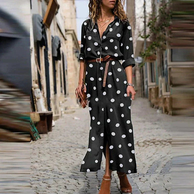Stella | Women's Polka Dot Maxi Dress Long Sleeve Button-Down Shirt Dress - Seldom Seen Styles