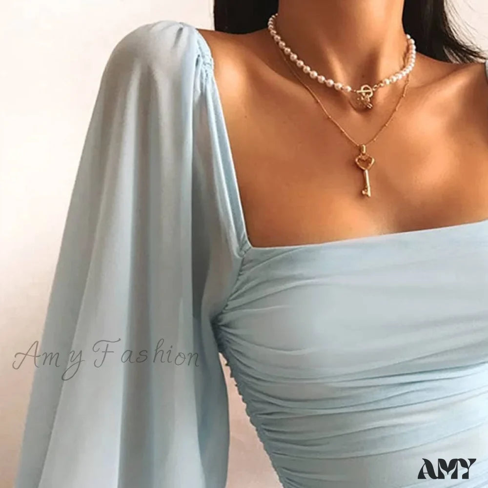 Women's Ruched Bodycon Mini Dress Square Neck Long Sleeve Dress - Seldom Seen Styles
