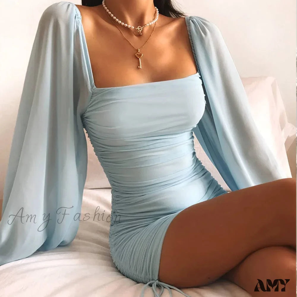 Women's Ruched Bodycon Mini Dress Square Neck Long Sleeve Dress - Seldom Seen Styles