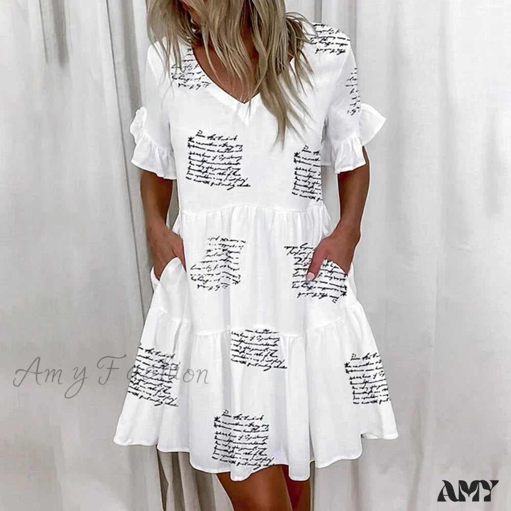Women's Casual V Neck Loose Mini Dress Printed Short Sleeve Dress - Seldom Seen Styles