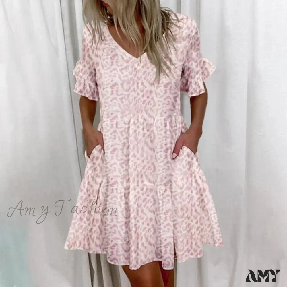Women's Casual V Neck Loose Mini Dress Printed Short Sleeve Dress - Seldom Seen Styles