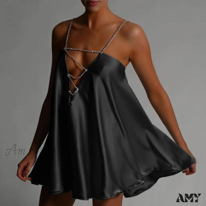 Amy Fashion - Uni Hohl V-Ausschnitt A-Linien Mini-Kleid mit ausgestelltem Rock