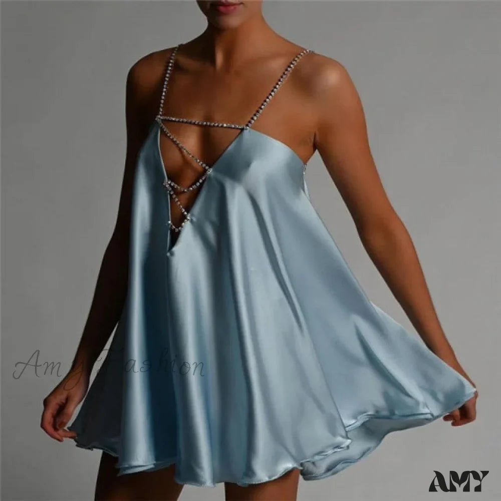 Women's Satin A Line Mini Dress Rhinestone Strap Party Dress - Seldom Seen Styles