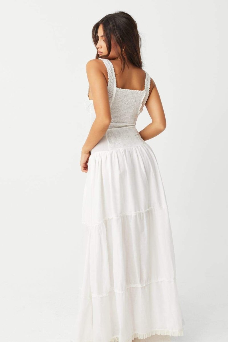 Women's White Corset Maxi Dress Ruffle Cottagecore Summer Dress - Seldom Seen Styles