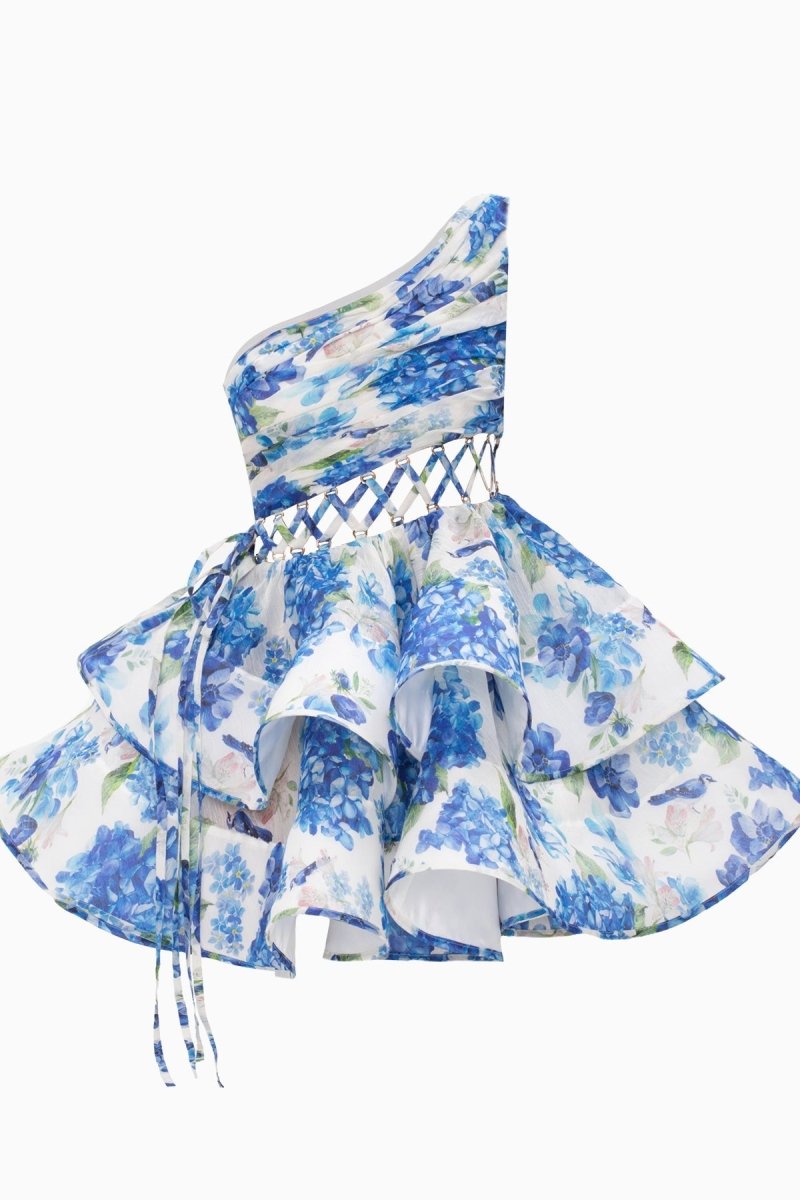 Women's Floral One Shoulder Mini Dress Ruffle Chiffon Party Dress