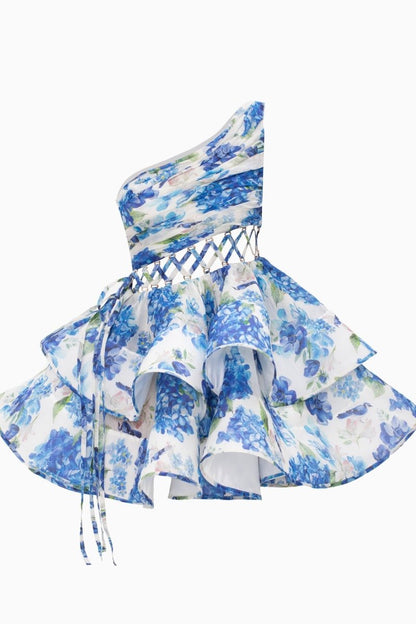 Women's Floral One Shoulder Mini Dress Ruffle Chiffon Party Dress