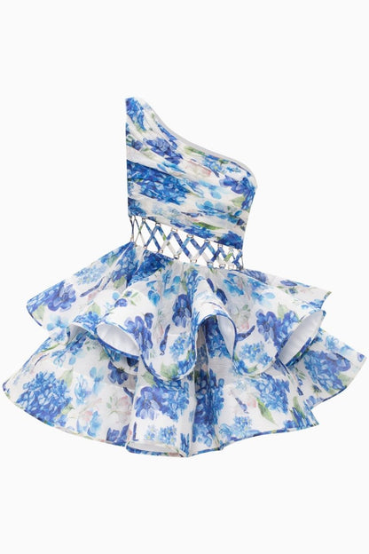 Women's Floral One Shoulder Mini Dress Ruffle Chiffon Party Dress