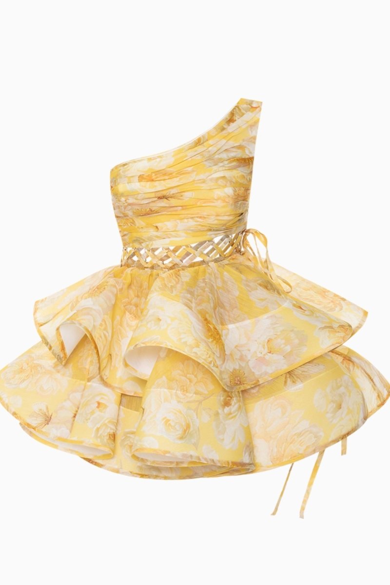 Women's Floral One Shoulder Mini Dress Ruffle Chiffon Party Dress